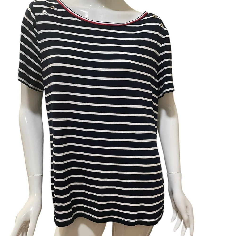Tommy Hilfiger Black White Button Detail Short Sleeve Tee XL